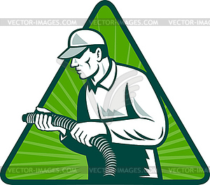 Tradesman home insulation technician with hose - vector image