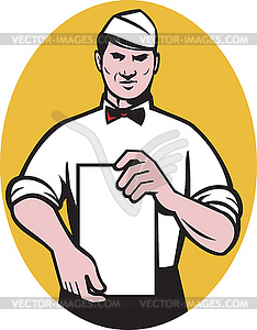 Waiter holding blank menu paper - royalty-free vector image