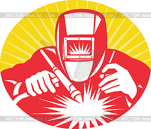 Welder welding holding up equipment - vector clip art