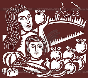 Woman and child holding apple fruit vegetable - vector clip art