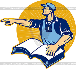 Worker tradesman man read book pointing - vector clipart