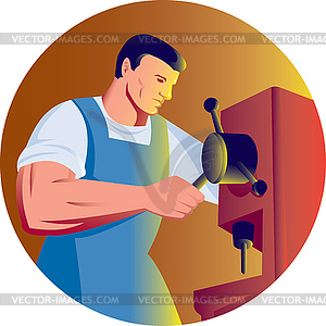 Trade factory worker working with drill press - vector image