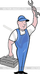 Mechanic with spanner wrench standing toolbox - vector clip art