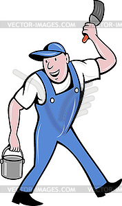 House painter with paintbrush and paint can walking - vector image