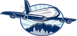 Jumbo jet plane airliner taking off with city - vector clipart