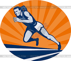 Marathon runner on track with sunburst - vector image