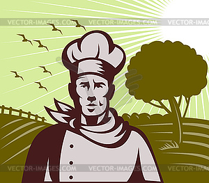 Organic Baker chef or cook with farm in background - vector clip art