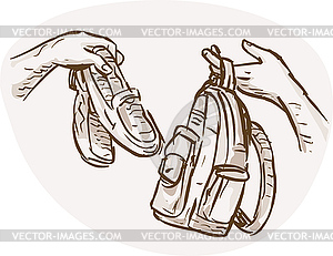 Hands Barter trading swapping shoes and bag - vector clip art