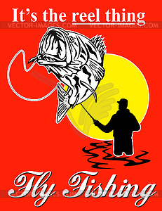 Fly fisherman catching largemouth bass with fly reel - vector clip art