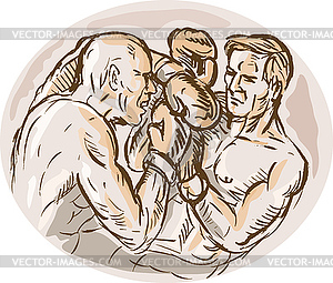 Two male boxers throwing punches - vector image