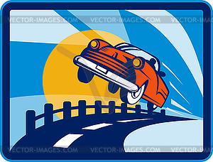 Vintage convertible car flying off road - vector clip art