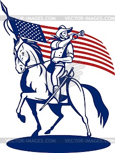 American cavalry soldier riding horse bugle and flag - vector clipart