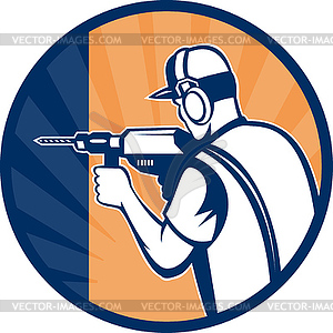 Construction worker carpenter with drill drilling - vector clip art