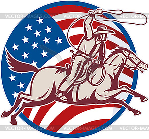 Cowboy riding horse with lasso and american flag - vector image