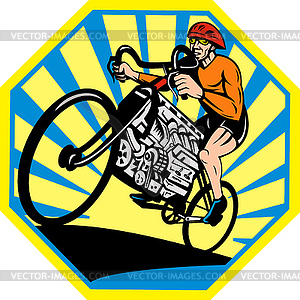 Cyclist riding racing bicycle with v8 car engine - vector image