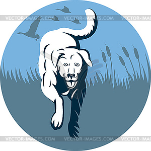 Trained Retriever dog with bird - vector clipart