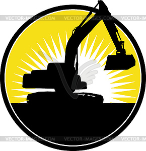 Mechanical Digger with sunburst - vector clip art