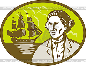 Captain explorer with tall ship galleon - royalty-free vector clipart