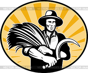 Farmer harvesting wheat with scythe - vector clipart