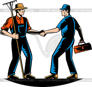 Farmer and tradesman mechanic handshake - vector image