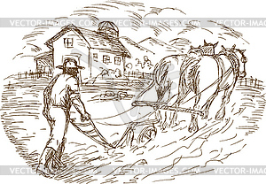 Farmer and horse plowing field with barn farmhouse - vector clipart