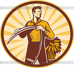 Farmer with scy and wheat crop - vector clip art