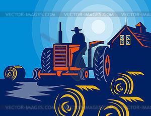 Farmer driving tractor hay bale farmhouse barn - royalty-free vector clipart