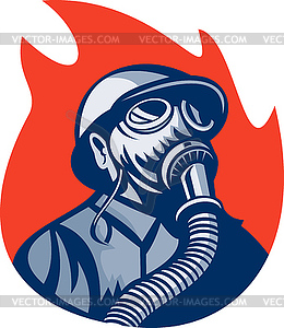 Fireman or firefighter wearing vintage gas mask - vector clipart / vector image