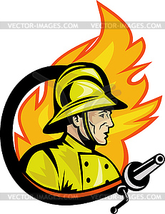 Fireman or firefighter with fire hose - vector clip art