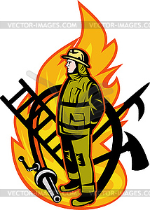 Fireman Firefighter axe ladder spear hook hose - color vector clipart