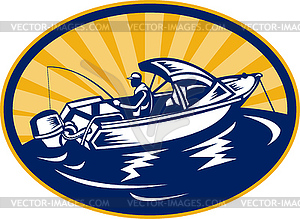 Fisherman with fishing rod on boat - vector clip art