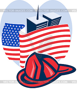 American flag with twin tower building firefighter - vector image