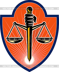 Hand holding sword scales of justice - vector clipart