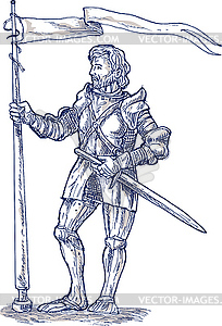 Knight standing with lance and flag - vector clipart