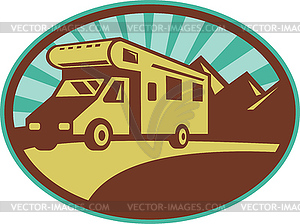 Camper van travel with mountains and sunburst - vector clip art