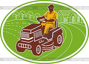 Male gardener riding lawn mower - vector clip art