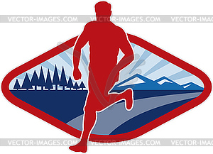 Cross country runner with landscape and sunburst - vector clipart