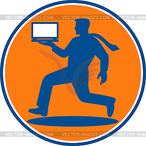 Man carrying notebook laptop computer running - vector clip art