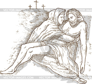 Mother Mary and dead Jesus Christ with cross of - vector image