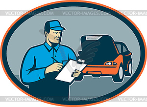 Automobile car repair mechanic with clipboard - vector clipart