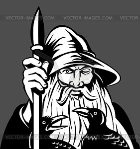 Norse God Odin holding spear with ravens - vector clipart