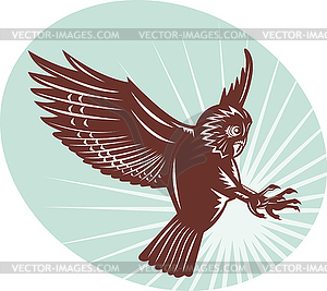 Owl swooping woodcut style - vector clip art