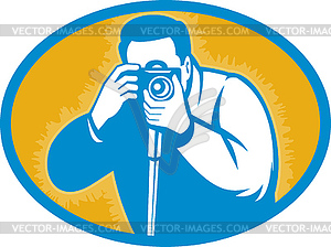 Photographer with dslr camera shooting front - vector clipart