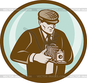 Photographer aiming retro vintage camera - vector clipart