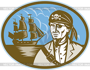 Pirate with sailing tall ship - vector image