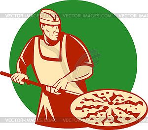 Pizza pie maker or baker holding baking pan - royalty-free vector image