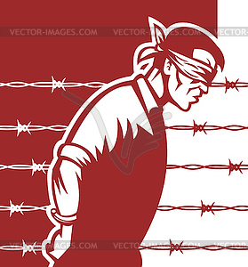 Prisoner blindfolded and hands tied - vector image