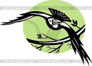 Raven bird flying with branch - vector clip art