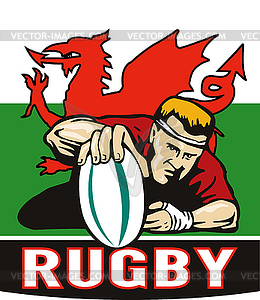 Rugby player scoring try wales flag - vector clipart