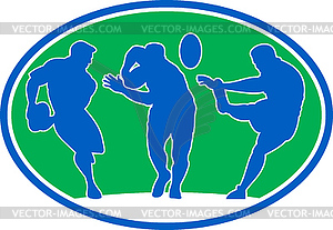 Rugby player run fend pass kick - vector image